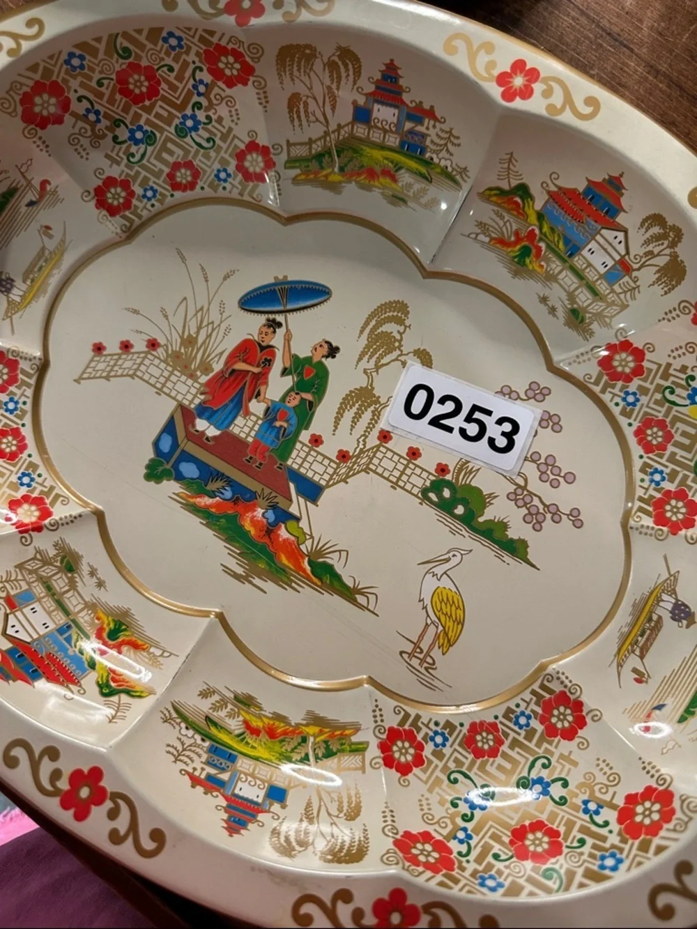 Vintage Daher Tin Oval Scalloped Asian Scene Serving Bowl Gold Floral England